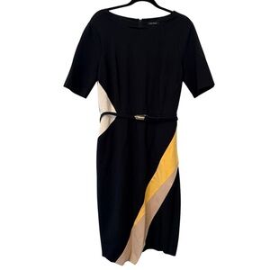 White House Black Market Black Midi Dress with Yellow and Cream Stripes